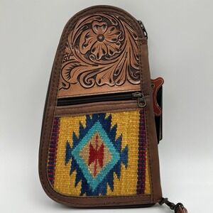 American Darling Gun Case Aztec rug, Hand Tooled Genuine Leather Western handgun